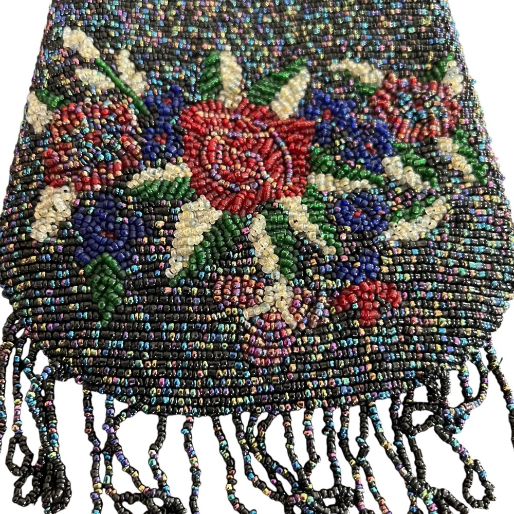 Vintage bag Black Micro Beaded Purse with Floral Design Beaded Fringe EUC - Picture 4 of 9